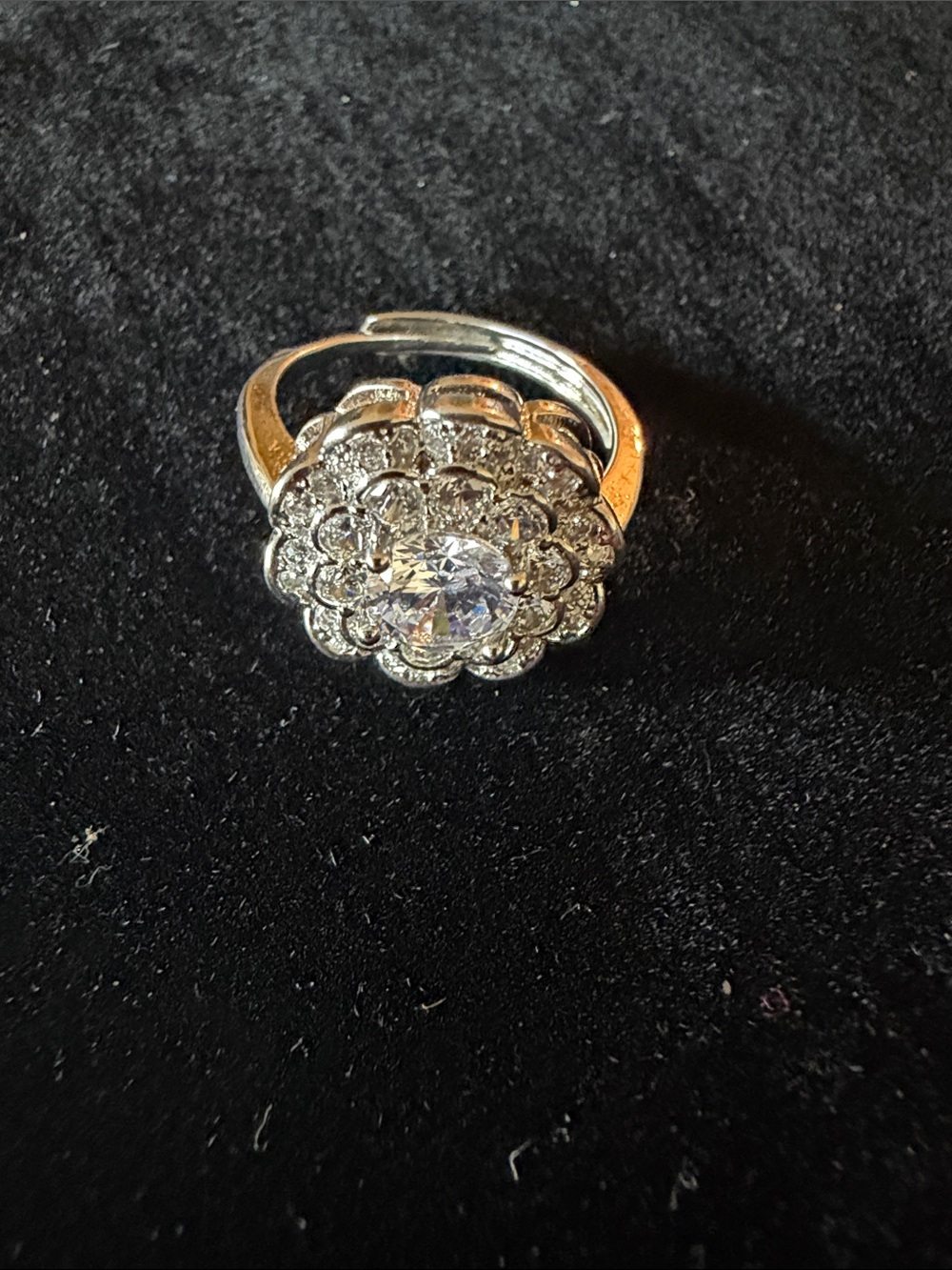 Silver Floral Halo Ring with Clear Crystal Center